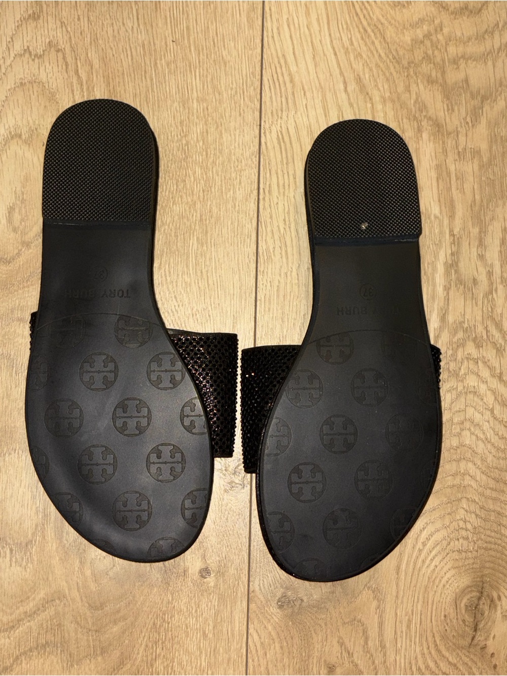 Tory Burch Black Slides with Gold Logo Accent - Picture 2 of 3